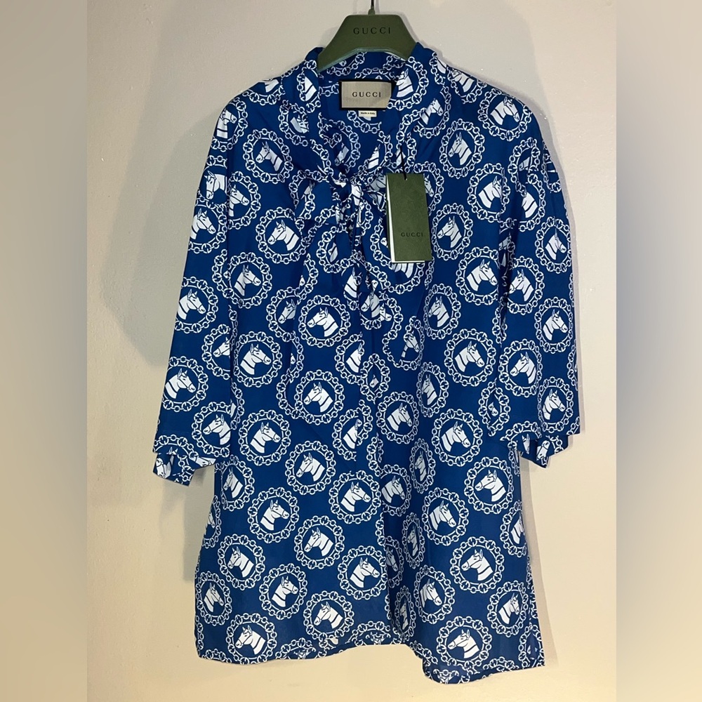 Gucci Blue Equestrian Printed Cotton Shirt Size 38